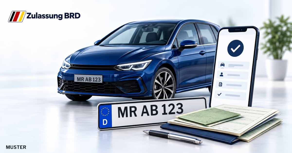 Online Fahrzeugzulassung in Ebsdorfergrund: Musterkennzeichen MR AB 123, Auto und Fahrzeugpapiere und Smartphone. Illustration mit Logo von Zulassung BRD.